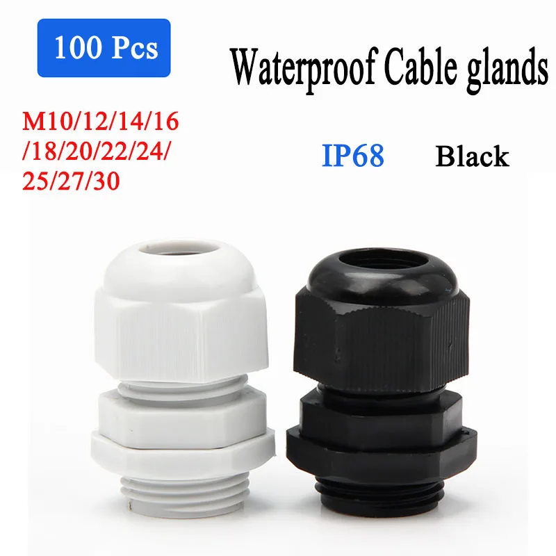 

Black M Series Waterproof Cable Gland 100 Pieces M10/12/14/16/18/20/22/24/25/27/30 IP68 Protection Hermetically Sealed Connector