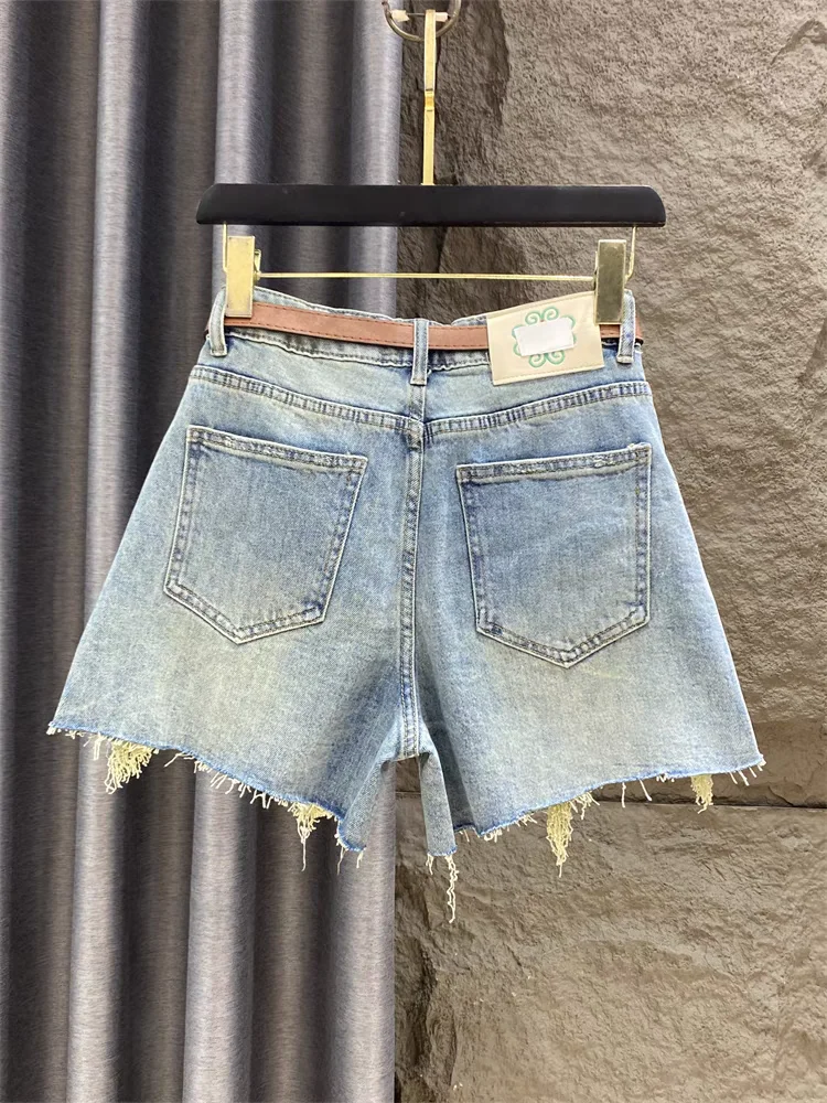 Ragged edge design denim shorts for women's 2024 summer new high waisted slimming flower embroidery A-line wide leg hot pants