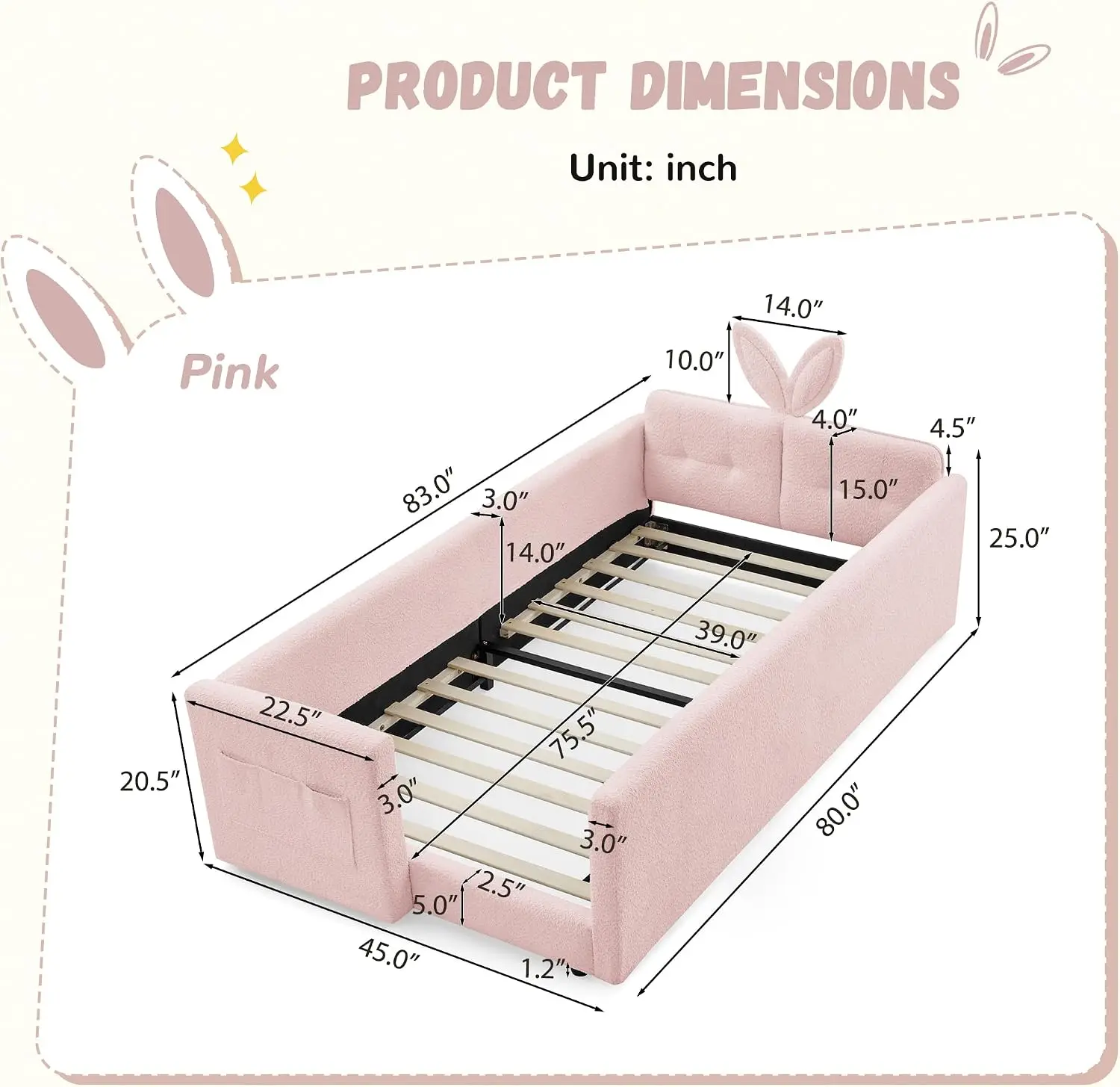 Upholstered Twin Size Platform Bed Frame Rabbit Ear Headboard Boucle Fabric Kids Daybed Safety Rail Pocket Pink No Box Spring Ne