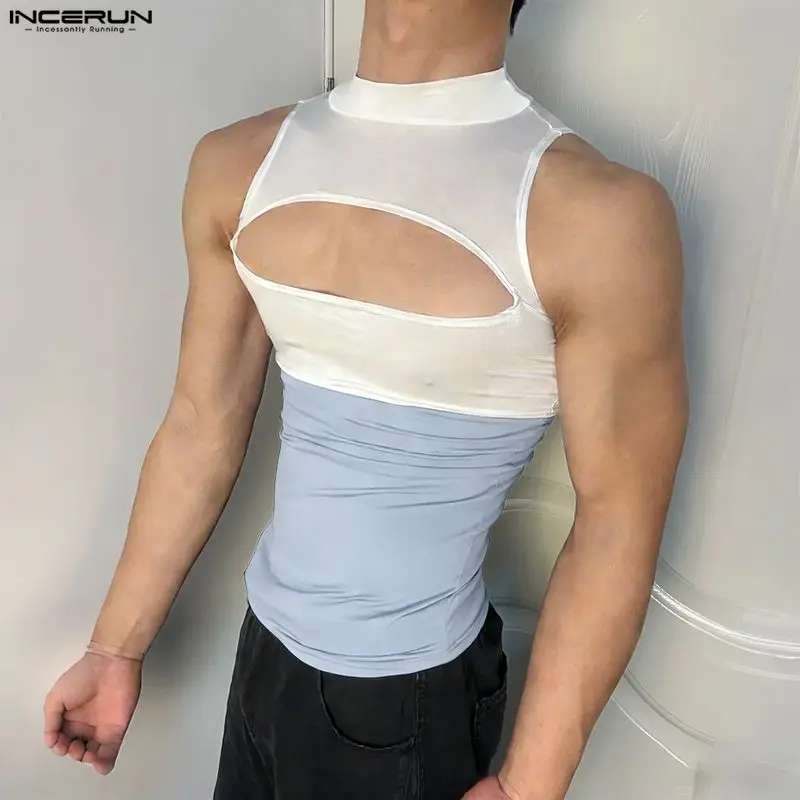INCERUN Men Tank Tops Patchwork Turtleneck Sleeveless Hollow Out Male Vests Summer Sexy Streetwear Fashion Casual Men Clothing