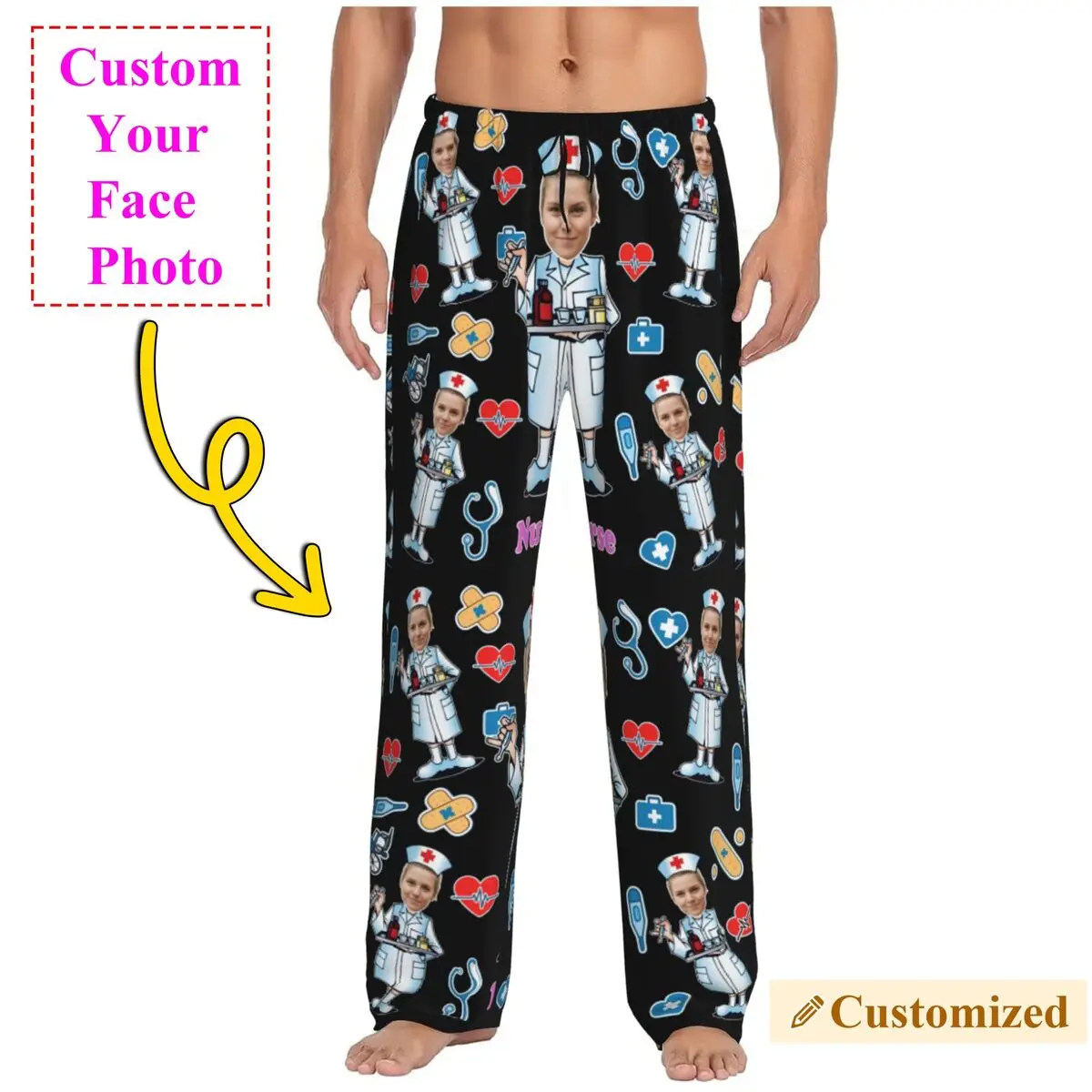 Nurse Custom Pajama Pants for Men Personalized Face Photo Print Lounge Sleep Drawstring Sleepwear Bottoms with Pockets