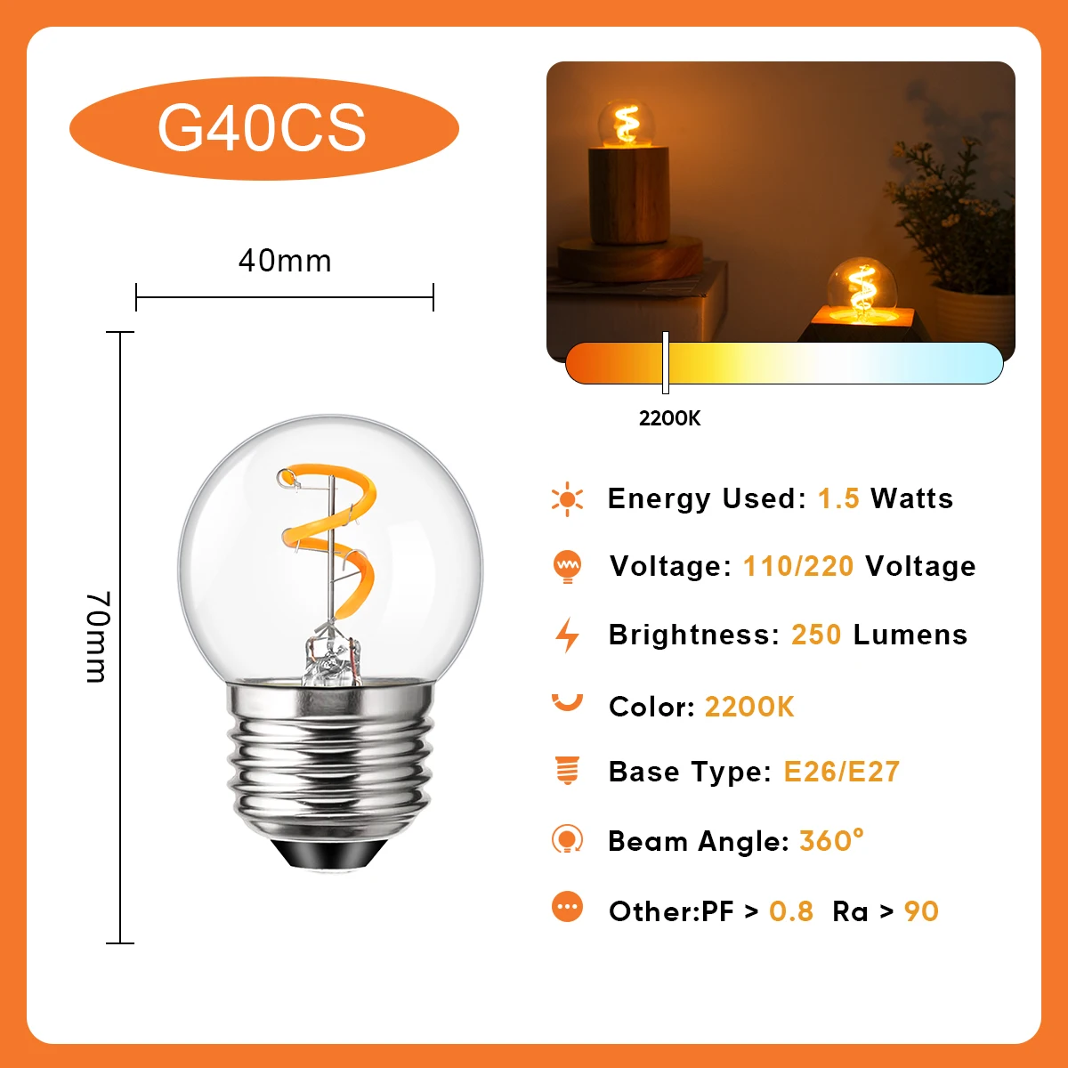 Vintage G40 Spiral Filament Bulbs 1.5 Watts Globe Led Bulb E26 E27 Clear Glass 2200k Flexiable Ball Lamps For Pendant Chandelier