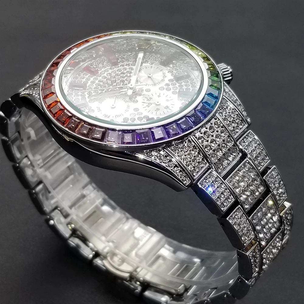 Hip Hop Men Watch Luxury Iced Out Multicolor Diamond Watches Fashion Silver Stainless Steel Dive Week Display Clock Hot Selling