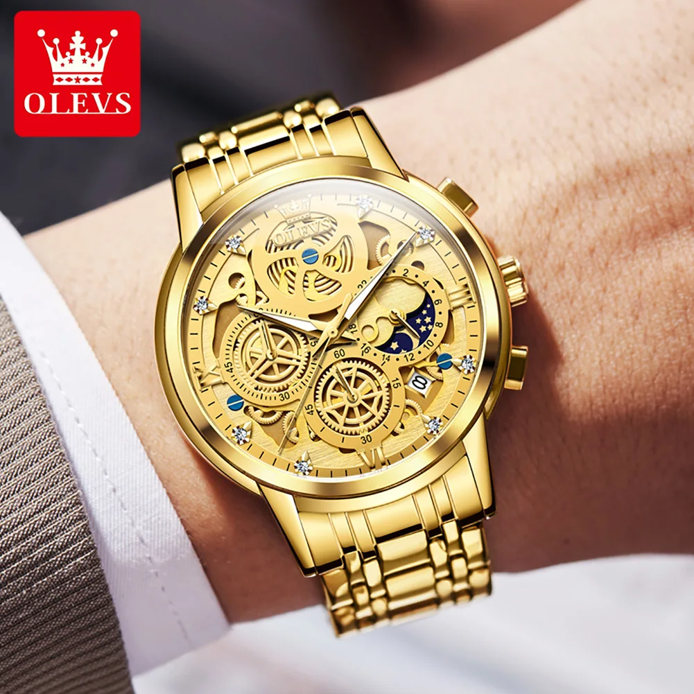 OLEVS Men\'s Watches Top Brand Luxury Original Waterproof Quartz Watch for Man Gold Skeleton Style 24 Hour Day Night Wrist watch