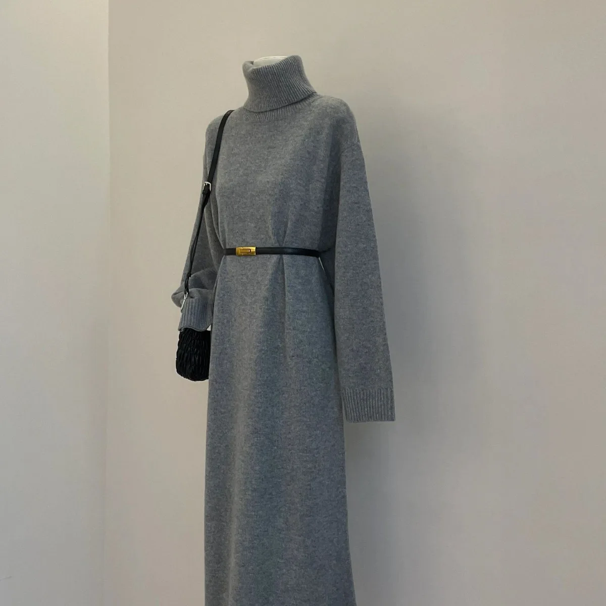 

Women Dresses Knitted Dress Solid Turtleneck Long Sleeves Ankle Length Slight Stretch Loose Fit Casual Office 2026 Autumn Winter