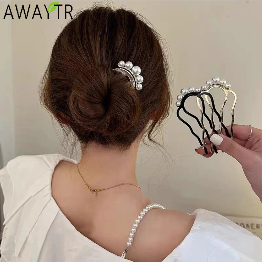 AWAYTR Alloy Pearl Hair Stick Pin Vintage Hair Accessories Hairband Hairpins Women Flower Hairclips Fashion Combs