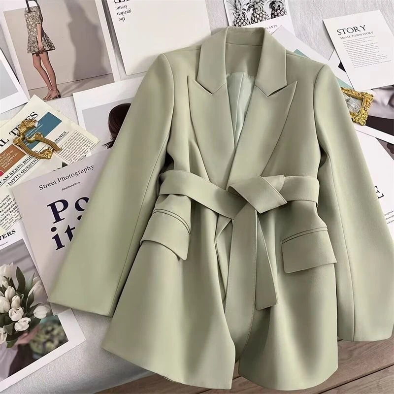 2026 Autumn Green Blazer Women Korean Slim Fit Waist Cinched Casual Jacket Petite Formal Office Lady Chic Short Suit Coat