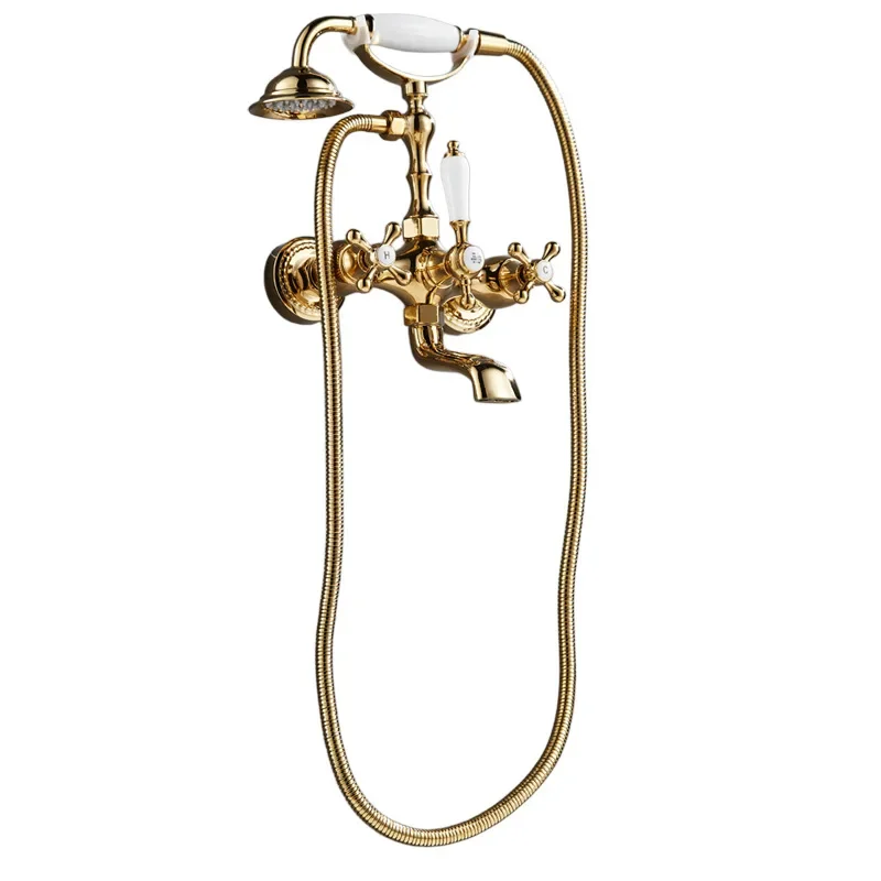 

French vintage copper gold bath faucet, shower shower set, double telephone, hot and cold faucet