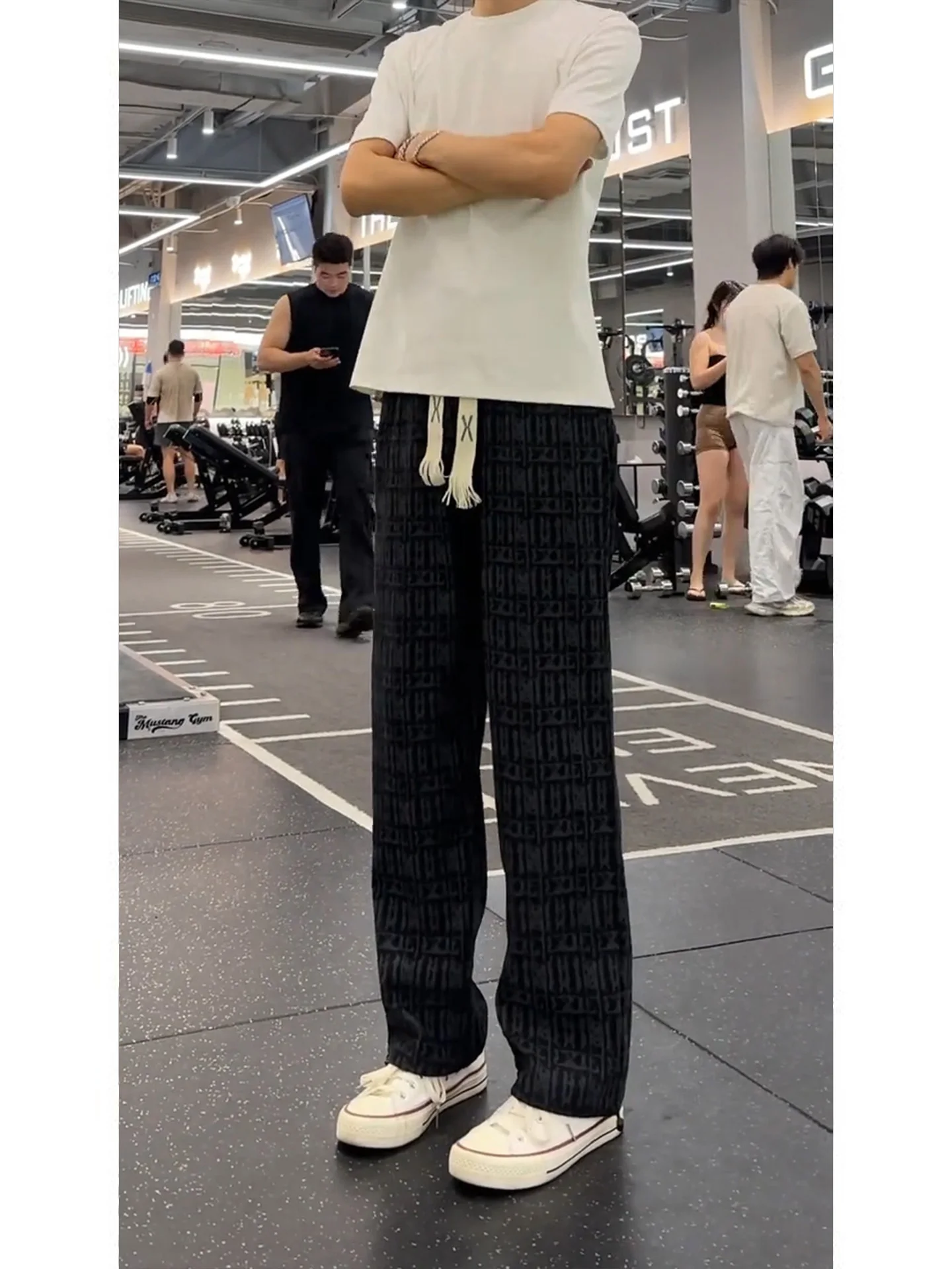 Black American Dyed Plaid Men's Summer Casual Pants Draping Lazy Style Fitness Sports Straight Leg Trousers High Waist Elastic