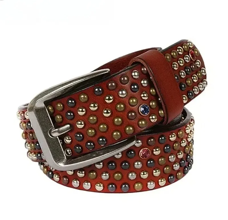 

Повседневные ремни из натуральной кожи с заклепками и пряжкой, коричневый итальянский ремень из натуральной кожи с бриллиантами, мужской легкий роскошный ремень высокого качества