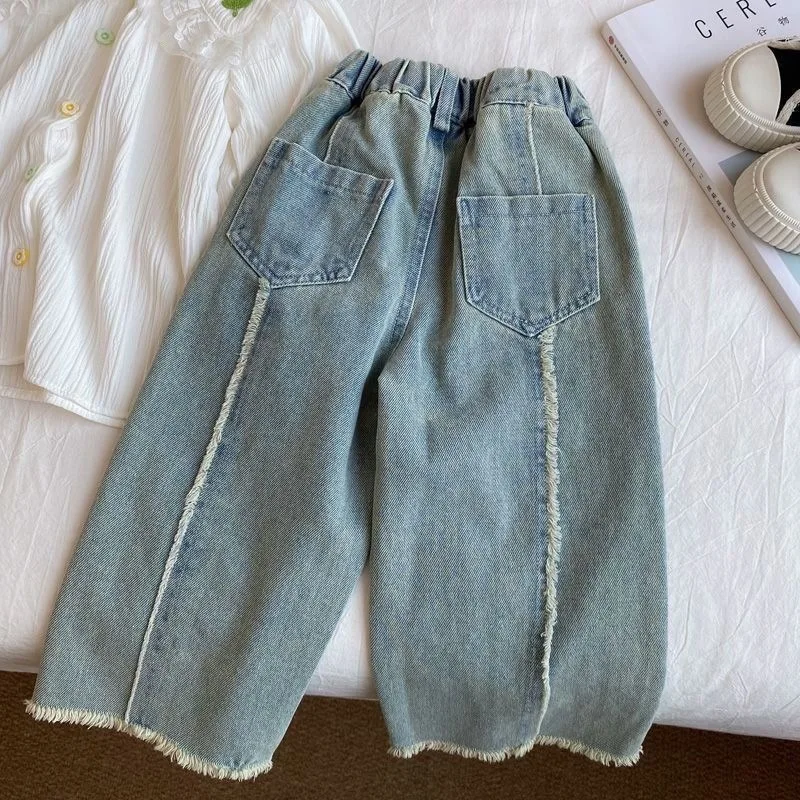 Girls Jeans Rough-edged Wide-leg Pants Foreign Loose Straight Pants