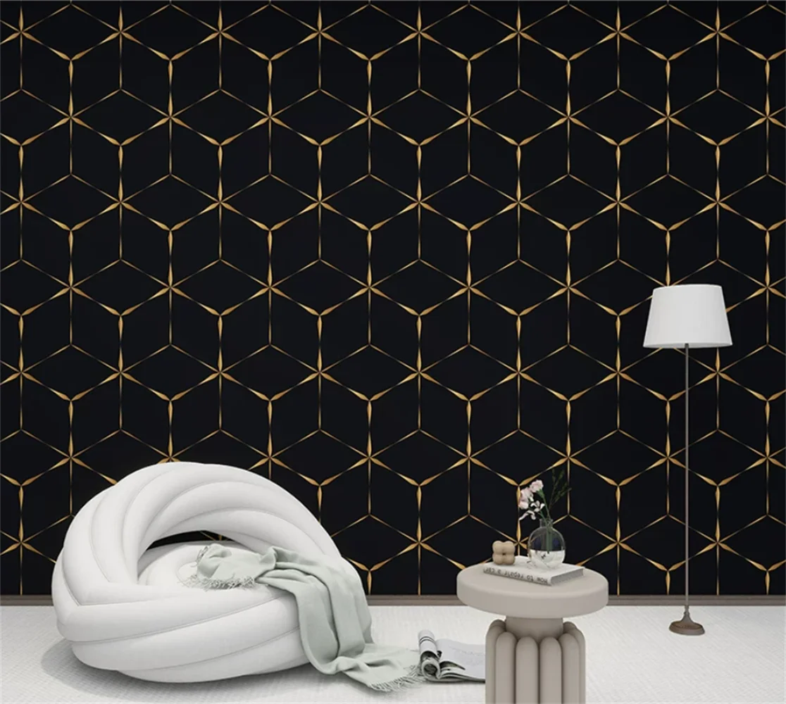 Italian light luxury black high-end grid hexagonal lines geometric wallpaper hotel French light luxury customized mural
