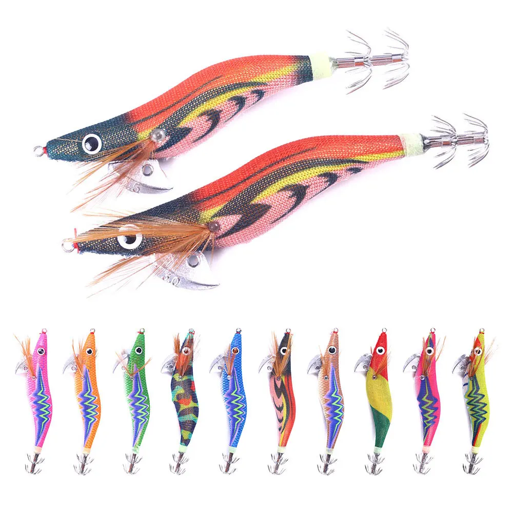 1-2pcs Artificial Squid Hook Jigs Fishing Lure Noctilucent Squid Cuttlefish Jigs Lures Spinnerbait Wood Shrimp 12.2g 14.2g