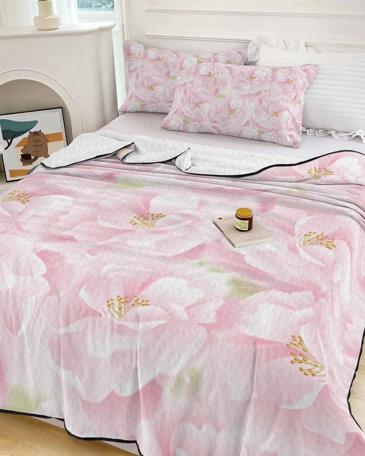 

Pink Floral Rose Texture Summer Cooling Quilt Air Condition Blanket Comfortable Lightweight Bedroom Thin Quilt