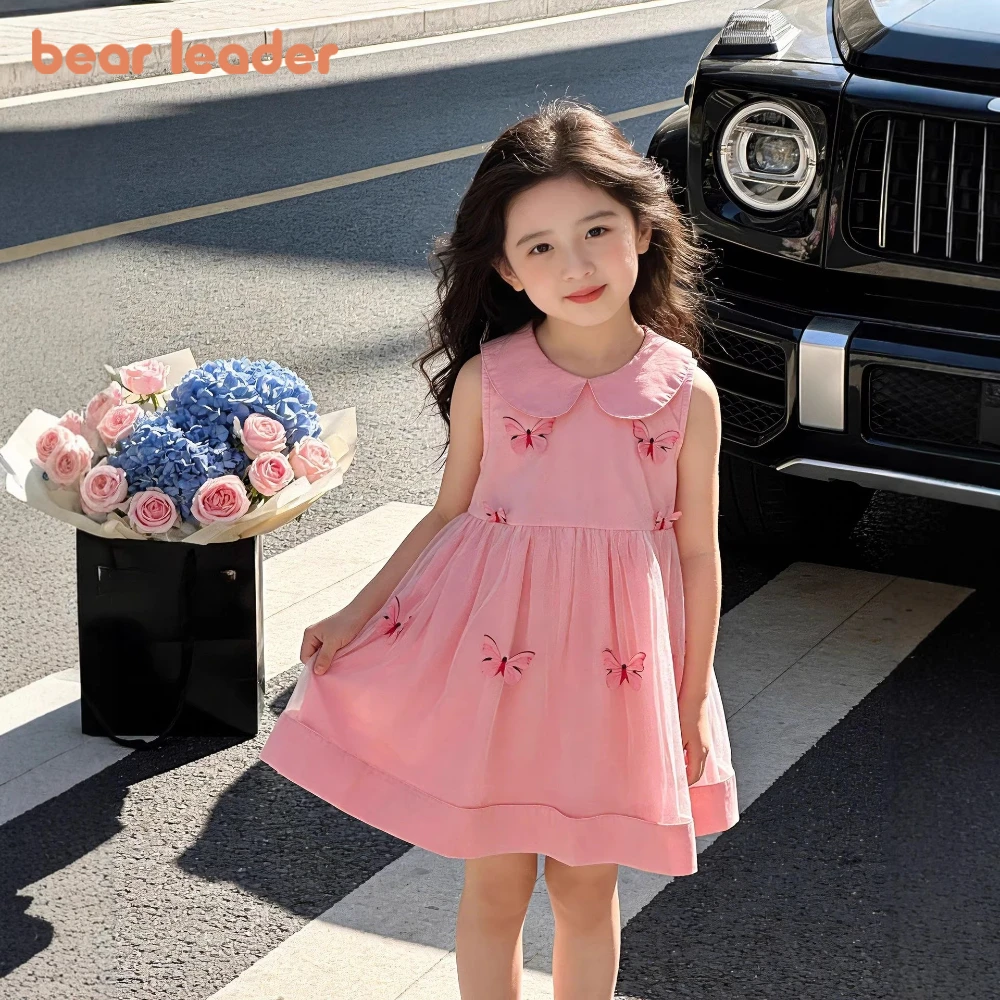 

Платье Bear Leader 2026 для девочек 2-7 лет, корейская версия, милое и очаровательное, с отложным воротником, без рукавов, однотонное, с плиссировкой и бабочками
