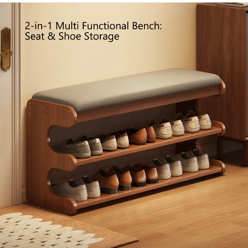 Entryway Shoe Storage Bench Solid Wood Padded Shoe Changing Stool 2 Tier Open Shoe Rack Bench for Hallway Home Organizer