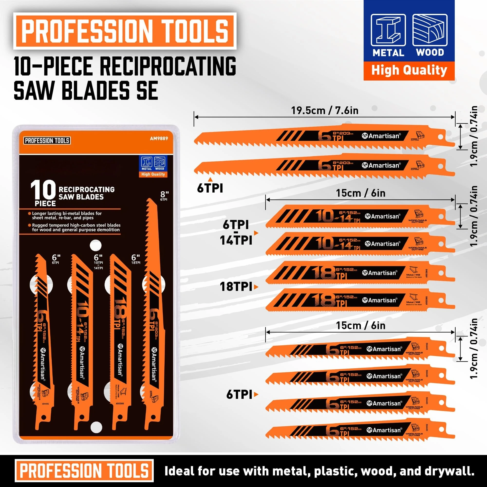 10-Piece Bi-Metal Reciprocating Saw Blade Set 6 To 8 Inch Used for Wood & Metal Cutting Drywall Plastic and Composite Materials