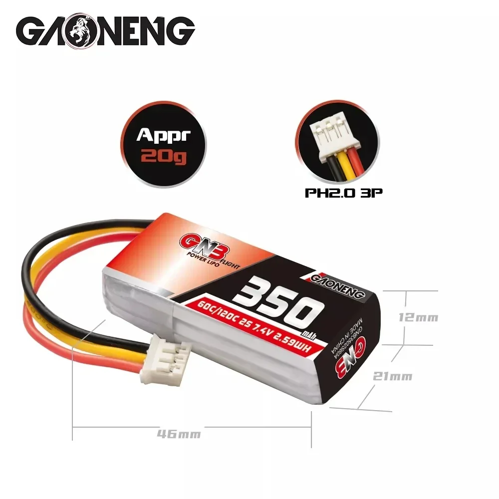 Novo 3 pçs gwb gaoneng 2s 350mah 7.4v 60c bateria lipo com plugue ph2.0 para betafpv beta75x minúsculo whoop drones carro pequeno