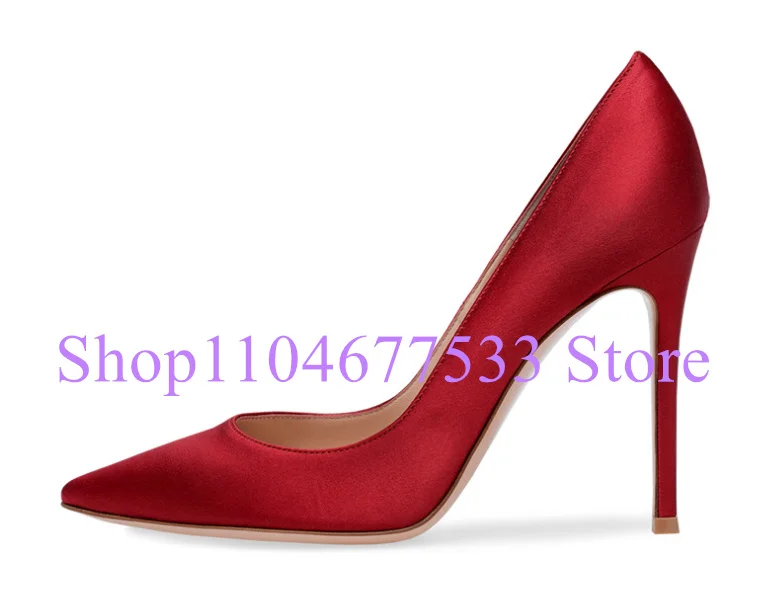 

Red Color Satin Pointed Toe Lady Pumps Fashion Thin Heel Woman Dress Shoes Large Size Single Shoes Sexy Female Wedding Shoes