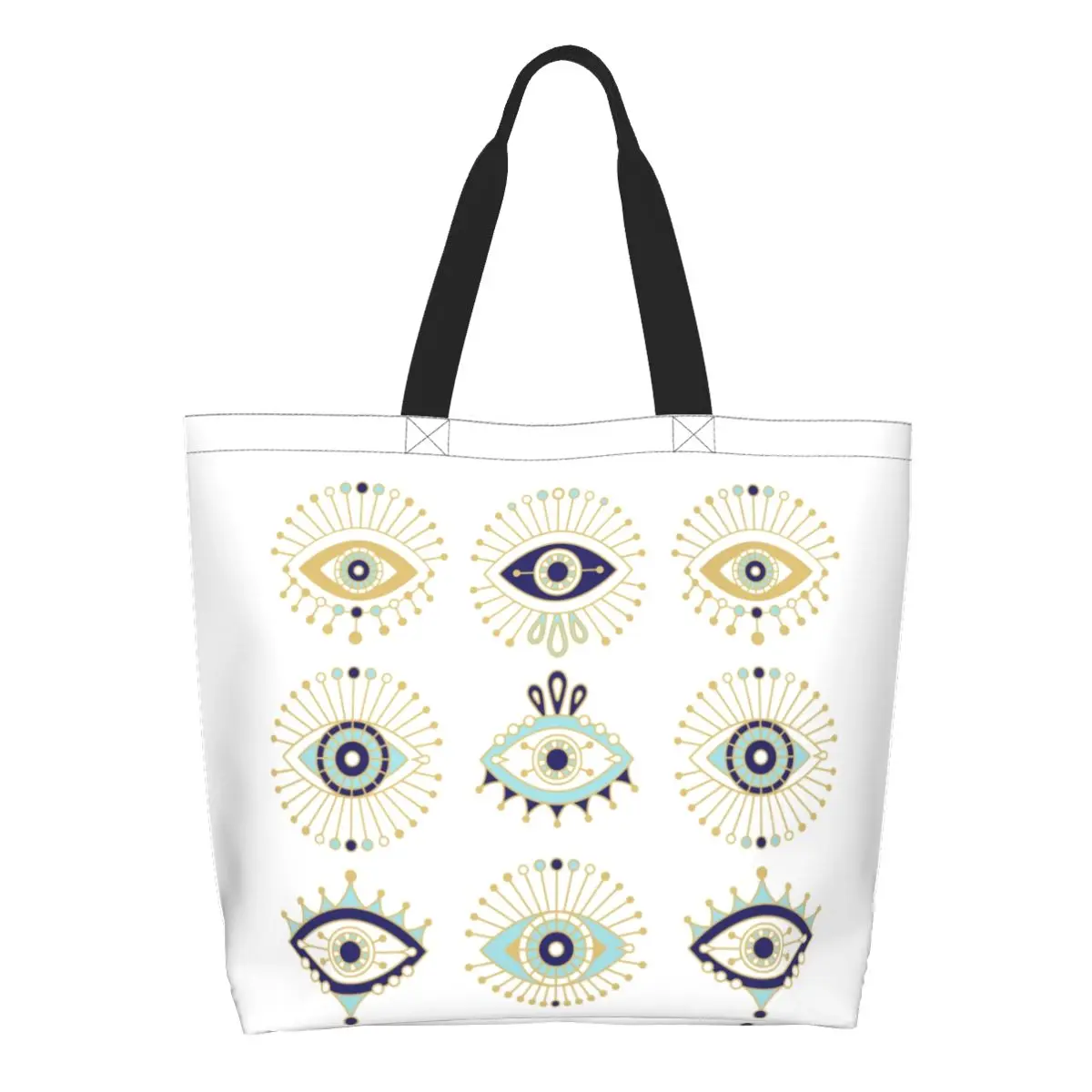 Evil Eye Collection On Grocery Shopping Bags Canvas Shopper Shoulder Tote Bags Large Capacity Nazar Amulet Hamsa Boho Handbag