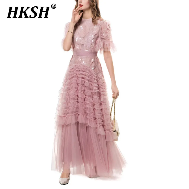 

HKSH Spring Summer New Women's Ins Tide Chic Fashion Elegant Sweet Ruffles Collar Flare Sleeved Tierred Long Skirts Dress HK5391
