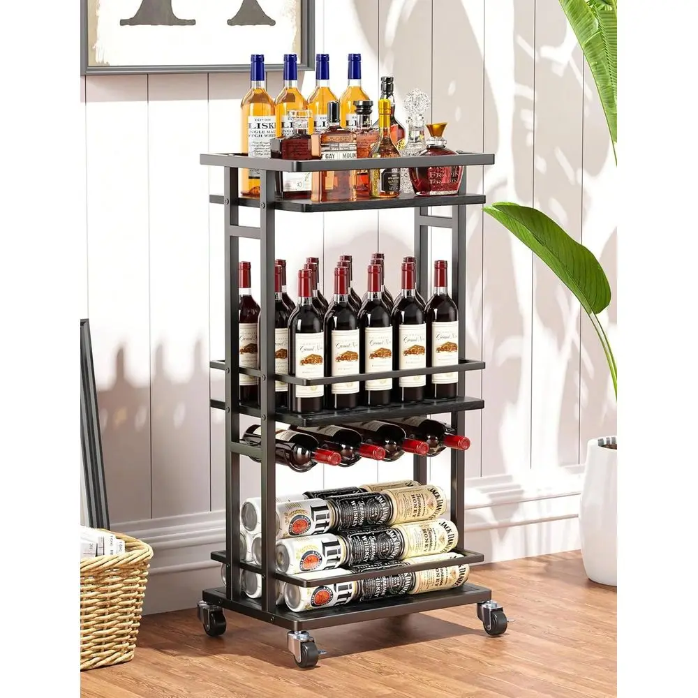 

3 Tier Mini Bar Cart For Home, Industrial Liquor Cabinet With Wine Rack, Mobile Kitchen Serving Trolley On Wheels, Small Space