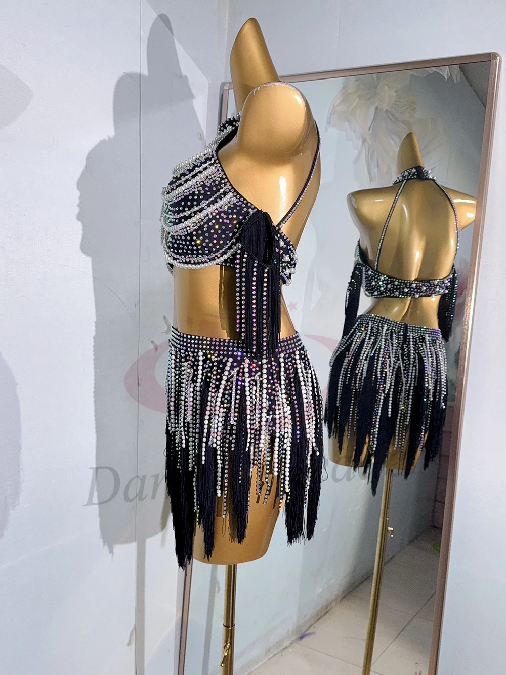 Dança latina adulto crianças vestido ab pedra high-end personalizado preto e branco borla tango roupas profissionais femininas