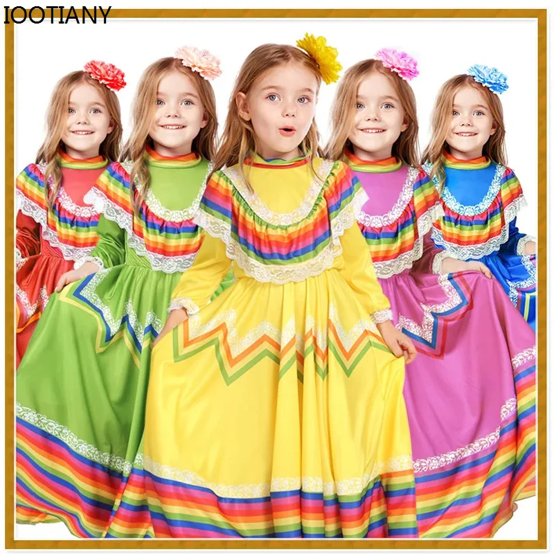 New Spanish National Ethnic Dance Dress Traditional Mexican Folk Dancer Colorful Long Dresses For Kid Carnival Large Hem Costume