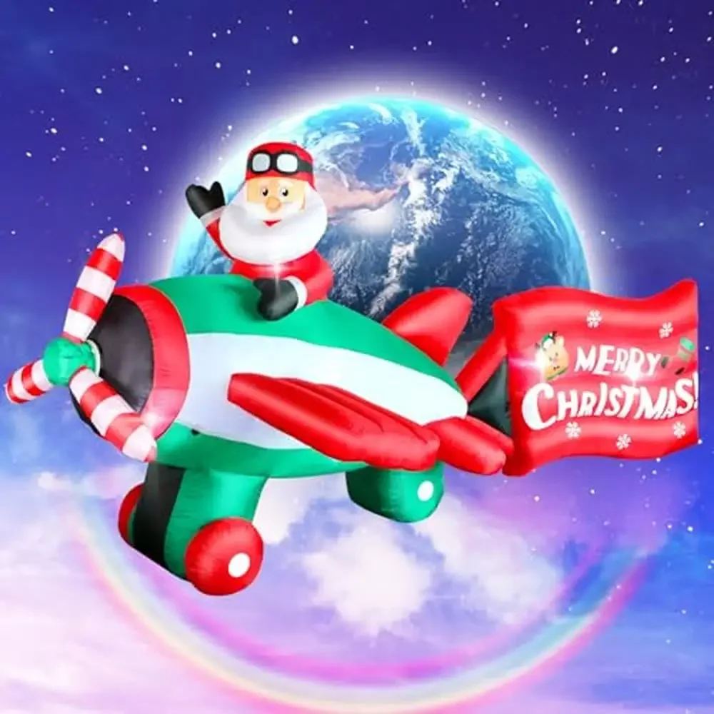 10.5 FT Christmas Inflatables Santa Claus Animated Helicopter Blow Up Flying Airplane Wishes Giant LED Lights Fun Outdoor