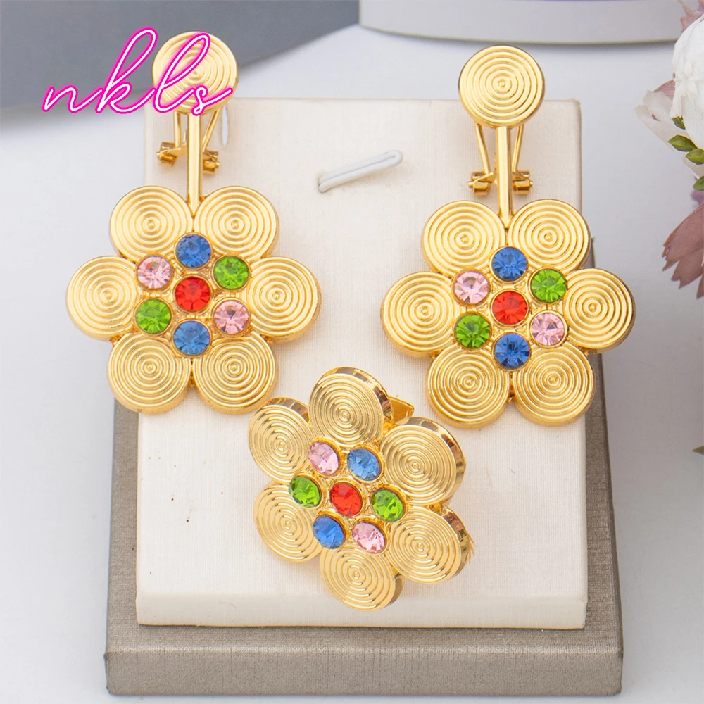 

Dubai Round Design Luxury Gold Color Jewelry Set for Women African Fashion Bangle Earrings Necklace Ring Set Wedding Party Gift
