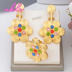 Dubai Round Design Luxury Gold Color Jewelry Set for Women African Fashion Bangle Earrings Necklace Ring Set Wedding Party Gift