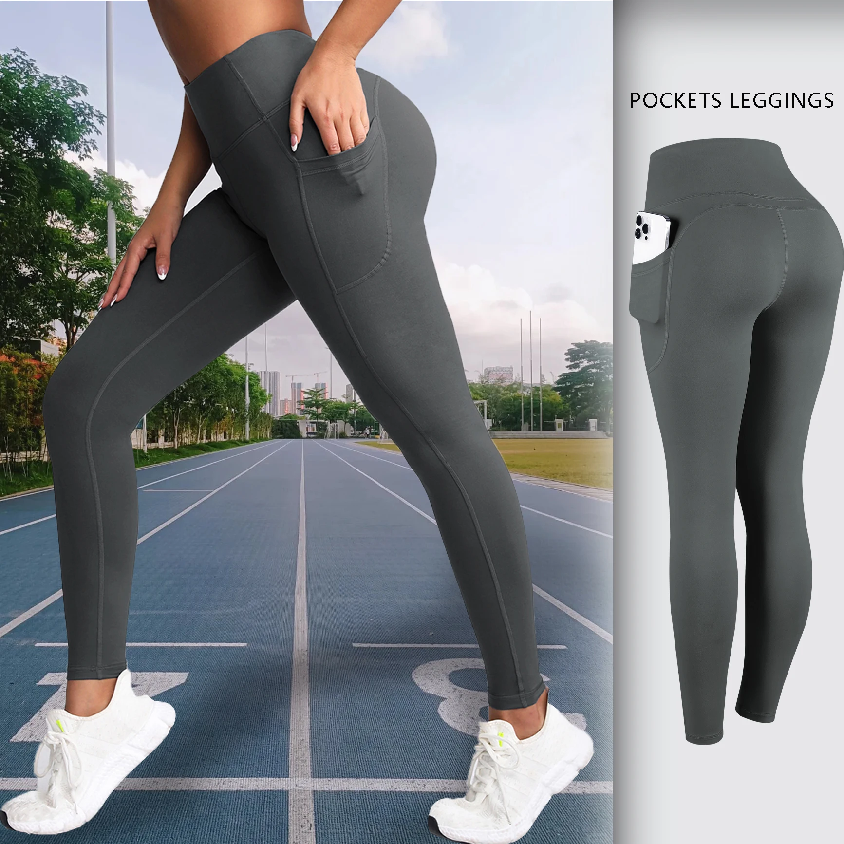 CHRLEISURE Pockets Gym Leggings Women High Waist Autumn Solid Color Skinny Stretch Leggings Women Outdoors Activewear Pants