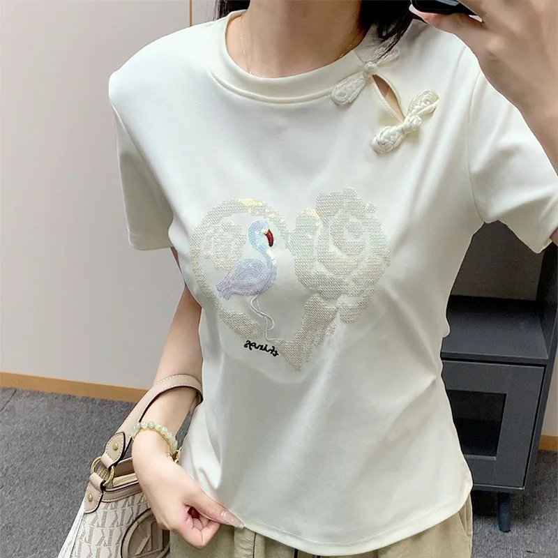 

New Chinese Sle ort Sve T-irt with Button Collar Women's Versatile Faionable Top Summer 2024 Design Sensation