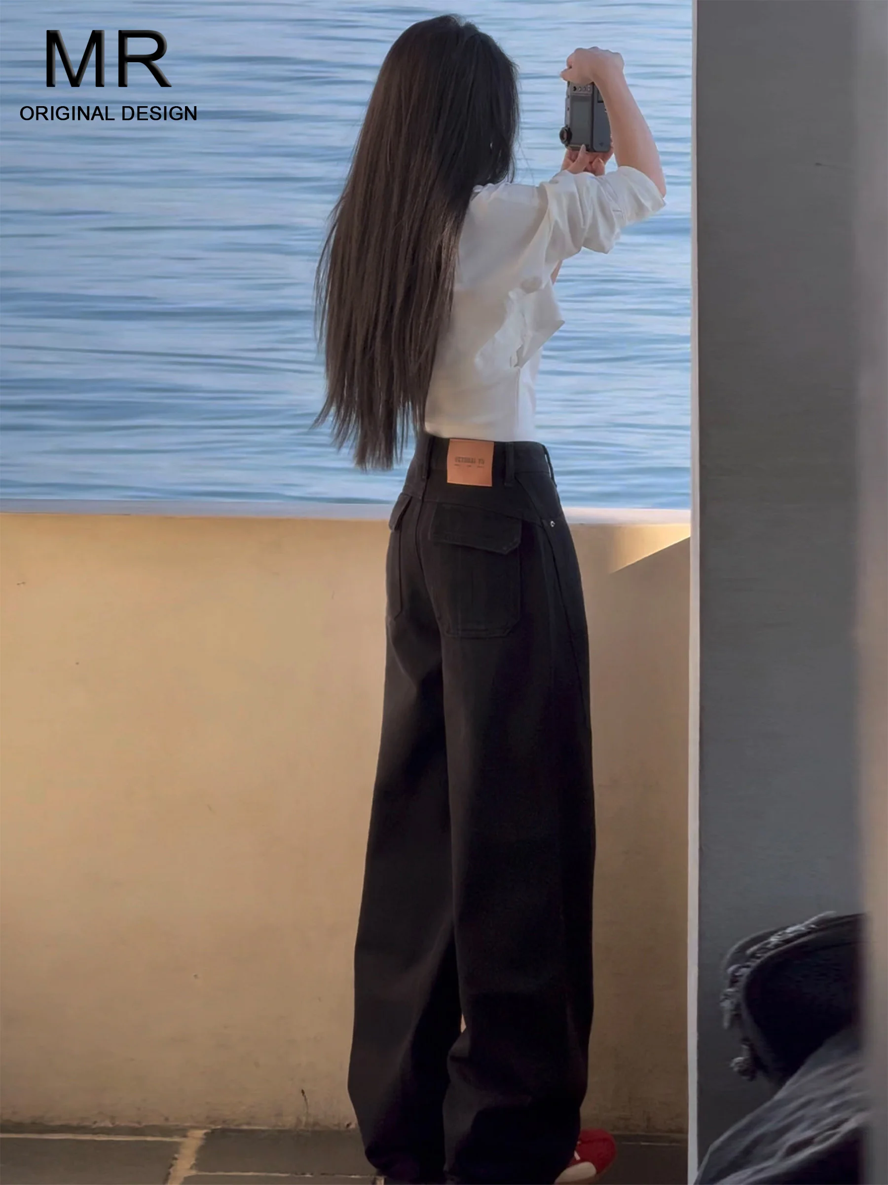 

Американские свободные джинсы с широкими штанинами для женщин, черные/серые, летний дизайн, прямые брюки с высокой талией, повседневные джинсы