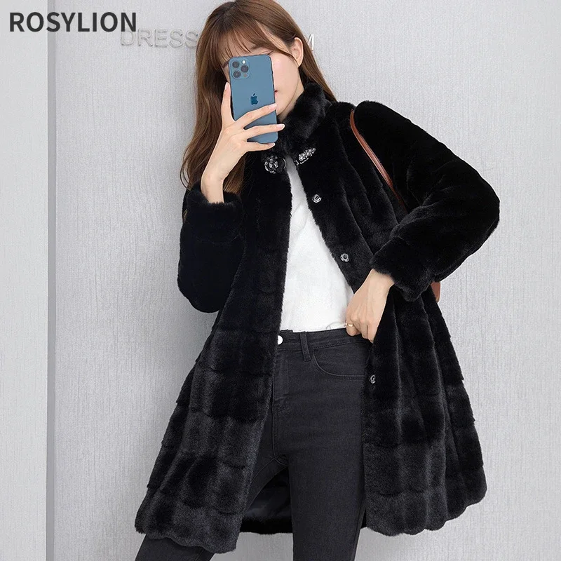 

Ladies Apricot Black Long Faux Fur Coat Women Faux Mink Fur Winter Clothing Stand Collar Button Plush Windbreaker Overcoat 5XL