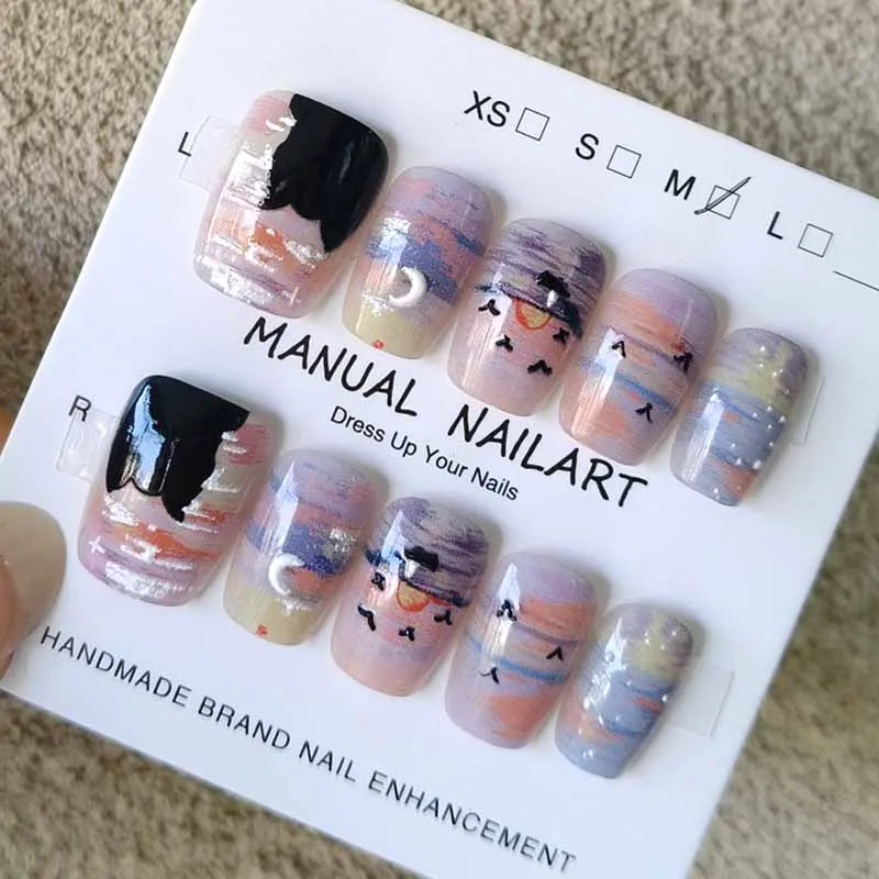10Pcs Autumn and Winter Nail Art Maillard Press on Nails Cute Cartoon Frosted Raccoon Oil Painting Cat Nail Patch Nail Slices view 6
