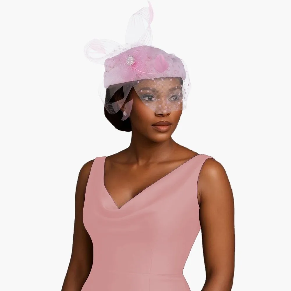 Vintage Elegant Feather Mesh Fascinator Hat Polka Dot Veil Elegant Style Bridal Beret Ready to Wear Polyester Head Wrap Wedding