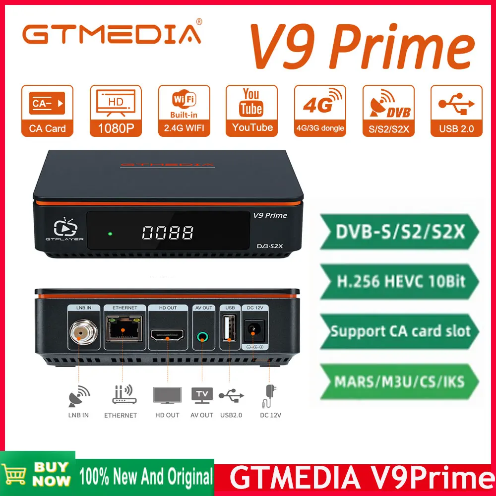 GTMedia V9 Prime Satellite Receiver, DVB-S,S2,S2X, HEVC Main10, AVS + BISS, Auto Roll, Built-in 2.4G WiFi, PowerVu Supports Mars