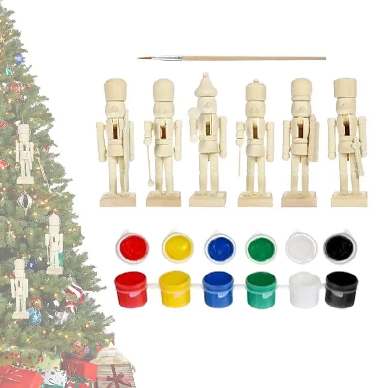 Free Creation Christmas Nutcracker Doll Set Ornaments Wooden Christmas Gifts Fun Nutcracker Puppet With Paint Brushes Handcrafts