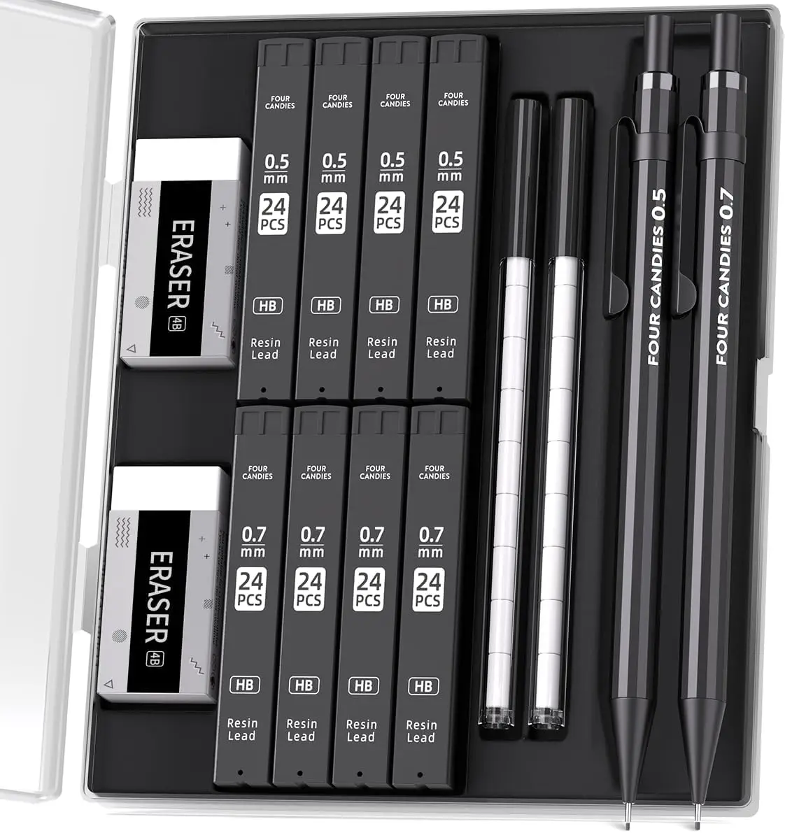 

Metal Mechanical Pencils 0.5 & 0.7 mm Set with Dual Spring, 8 Tubes Lead Refills, Erasers & Refills for Writing Drawing