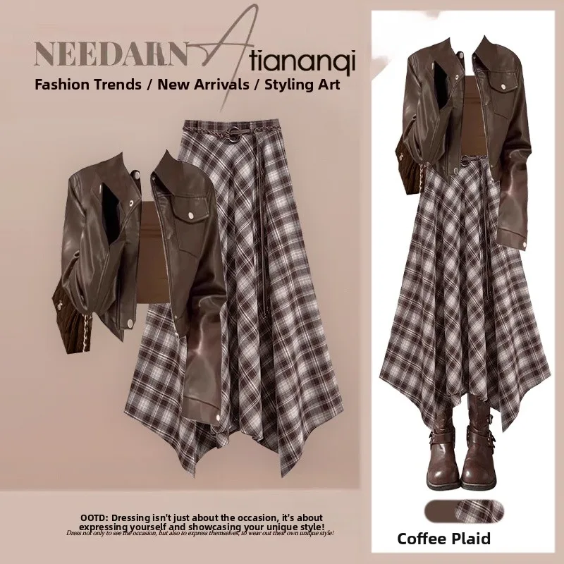 

Autumnal American Retro Brown Biker Leather Jaet And ter Vest Cheered Skirt Two-Piece Set Women's plus Size Outfit