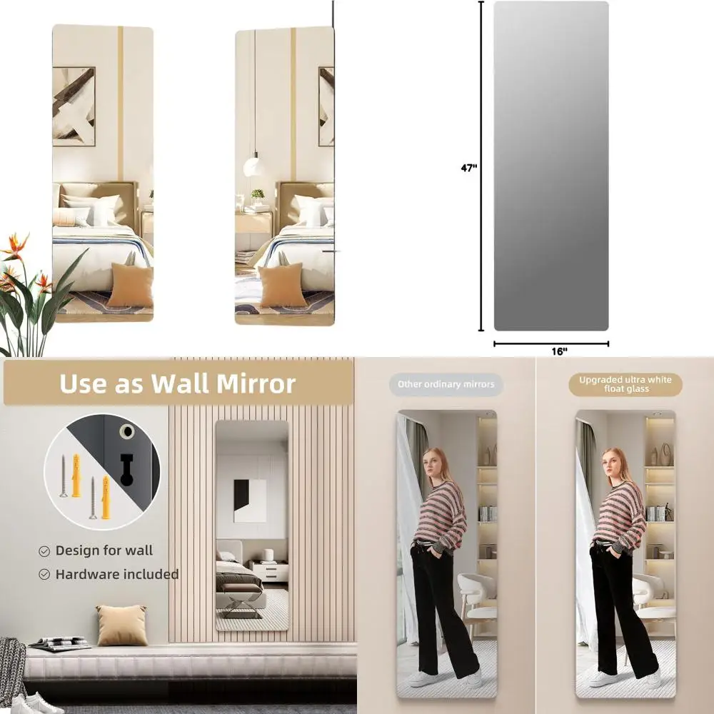 

47x16 Over-Door Wall-Mounted Mirror for Bedroom, Living Room, and Cloakroom in Round Black Design