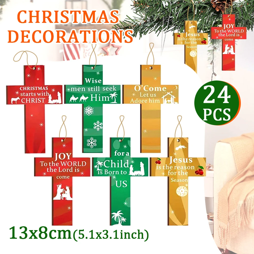 Christmas Supplies 24Pcs Wood Cross Birth Of Jesus Decoration Hanging Ornament Jesus Christmas Green Red Wooden Hanging Pendant
