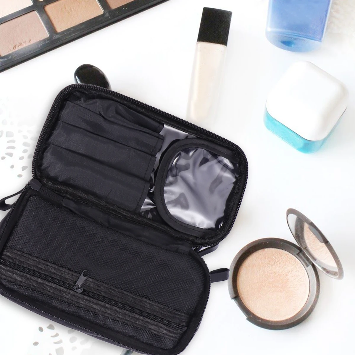 حقيبة مكياج للسفر ومستحضرات التجميل وحقيبة تخزين كبيرة وسحاب أسود للتخزين في الحمام وغرفة النوم وعملية