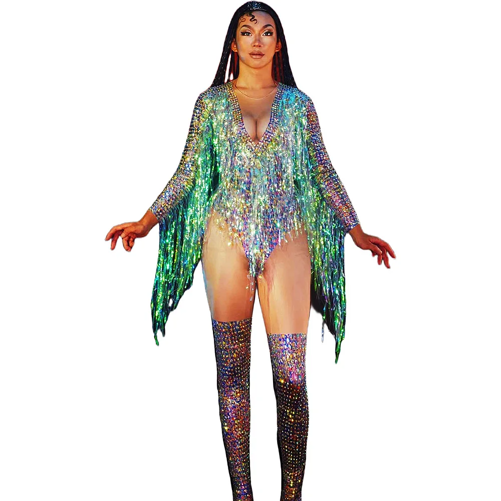 Maniche lunghe brillanti strass nappa tute Sexy per le donne Festival carnevale abbigliamento Drag Queen outfit costumi di scena