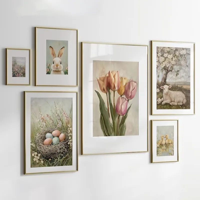 Neutral Spring Prints Poster, Gallery Set of 6 Spring Wall Art, Easter Bunny Painting, Farmhouse Easter Decor Canvas Artwork