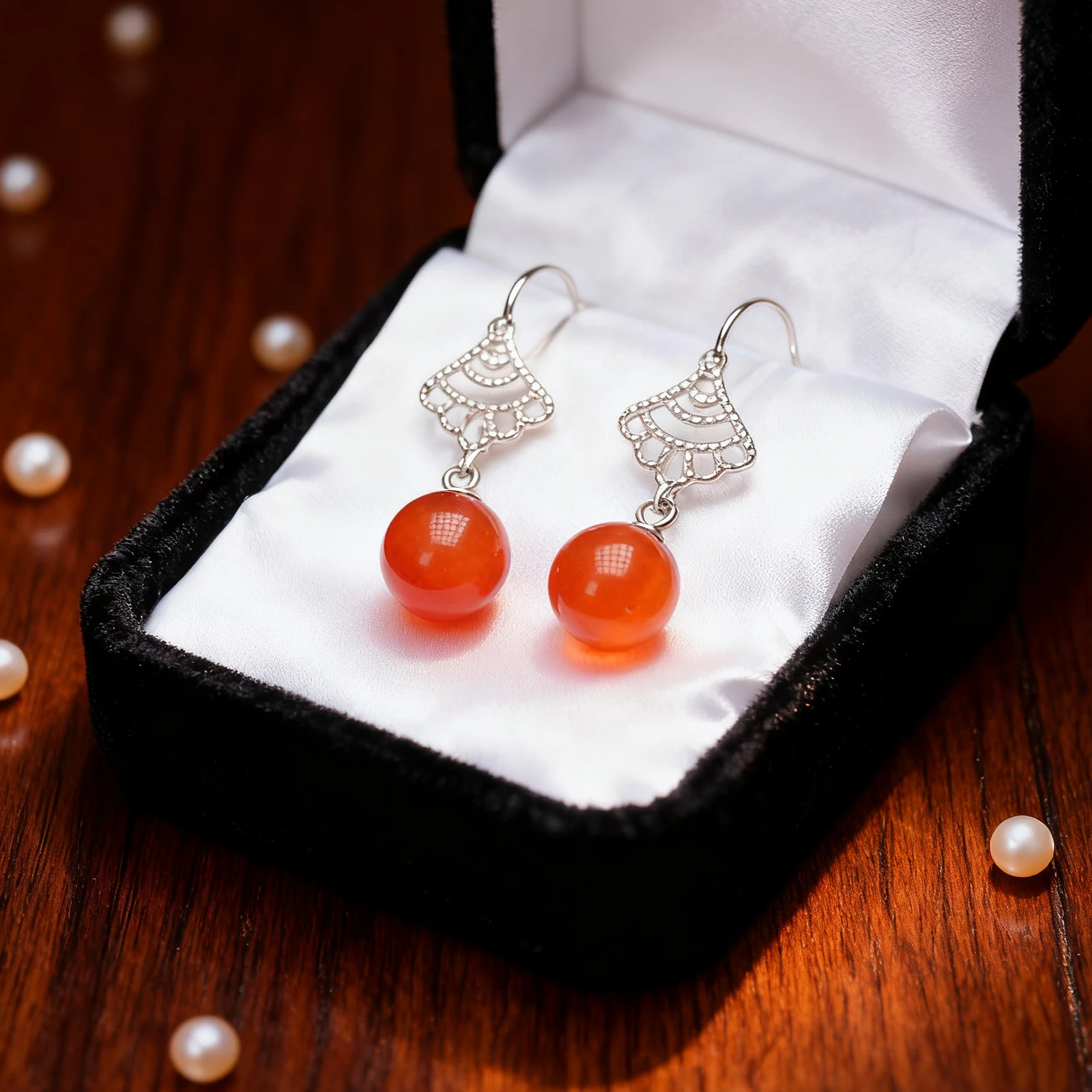 

Romantic Blood Amber Drop Earrings for Women Round Sterling Silver Lace Design Natural Baltic Amber LoveGift Anniversary Jewelry