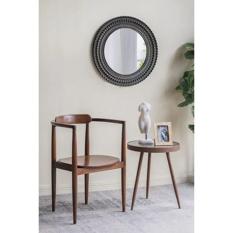 

29.5" Round Black & Gold Wooden Accent Mirror with Woven Texture - Stylish Wall Decor for Living Room, Bedroom, or Entryway