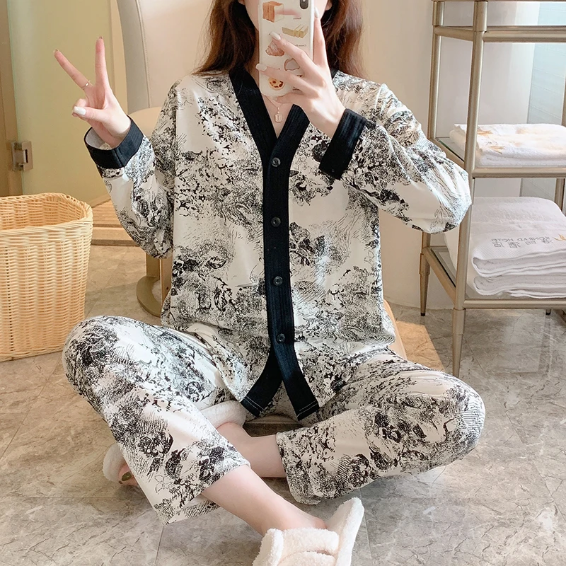 2024 New Pajamas Women Cardigan Summer Long-Sleeved Cute Teenage Paragraph Ins Homewear Black Cartoon Printing Pajama Set