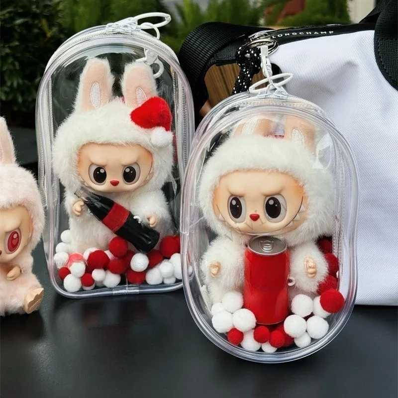 Colorful Transparent Protector Case Organizer Box for 15-17cm Labubu Dolls Outdoor Display Bag With Keychain Doll Accessories